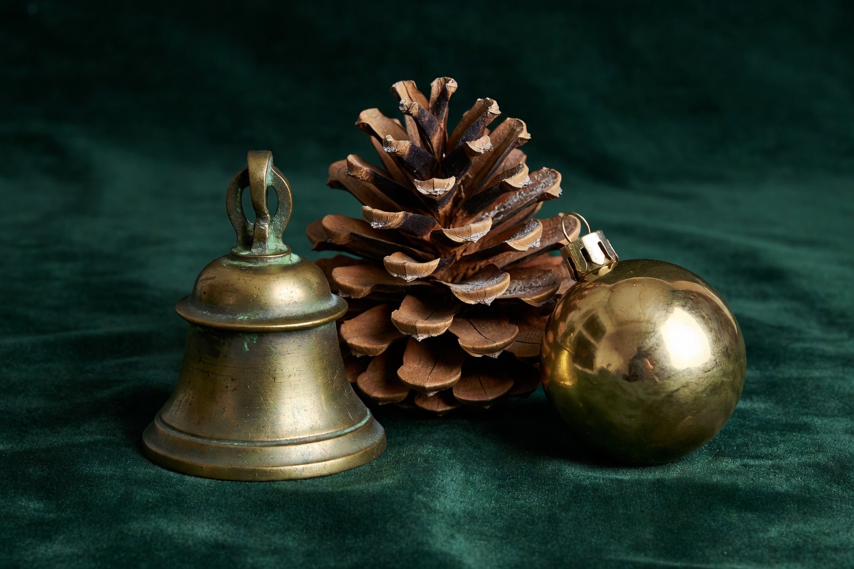 A brass bell and pine needles softly illuminated against green velvet