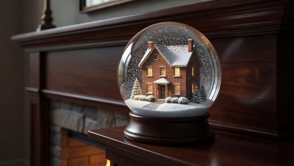 A glass snow globe depicting a snowy forest cabin at twilight