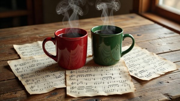 A pair of steaming cups next to musical manuscript sheets on a wooden table