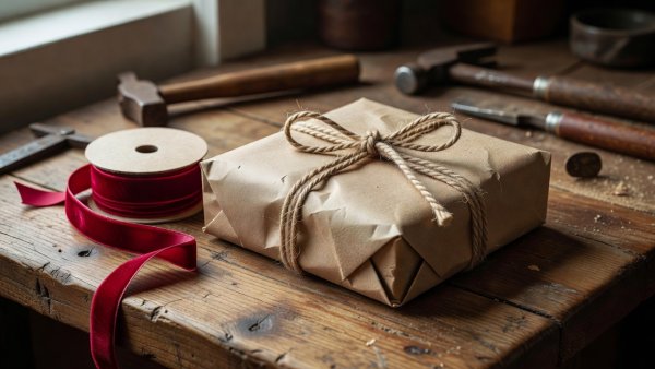 Wrapped gift box with brass ribbon on a pine tabletop